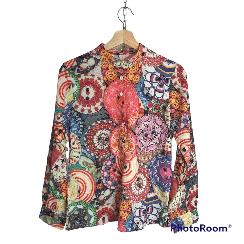 Women's Small Retro 1960s 1970s Style Half Button Front Long Sleeved Blouse
